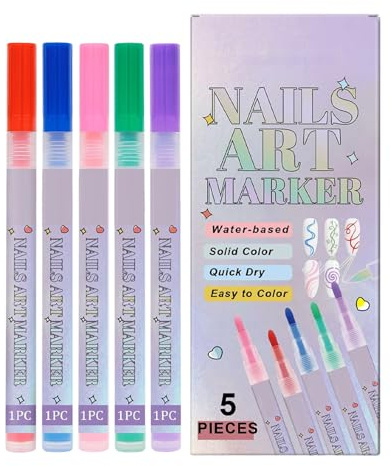 Nail Pen | Precision Drawing Paint Tip for Nail Design | Kit 5 Colours Marker Pens Water Resistant Manicure | For Women Beginners Professional Young Girls
