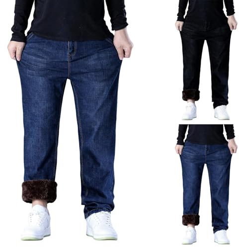 Mens Fleece Lined Jeans Thermal Trousers for Men UK Regular Fit Fall Winter Work Flannel Fleece Lining Denim Pants with Pockets Teddy Stretchy Comfort Chunky Workwear for Hiking Camping Climbing