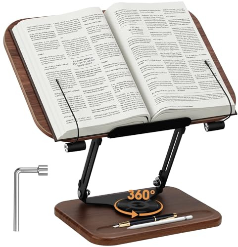 IIRC Supporto per libri da lettura, regolabile in altezza, girevole a 360°, in legno, per ricette, riviste, tablet
