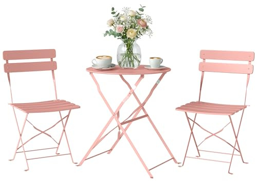 Outsunny - Juego de bistró de jardín de 3 piezas, san montaje, mesa y 2 sillas plegables de metal con doble protección antioxidante, muebles de balcón y terraza elegantes, color rosa