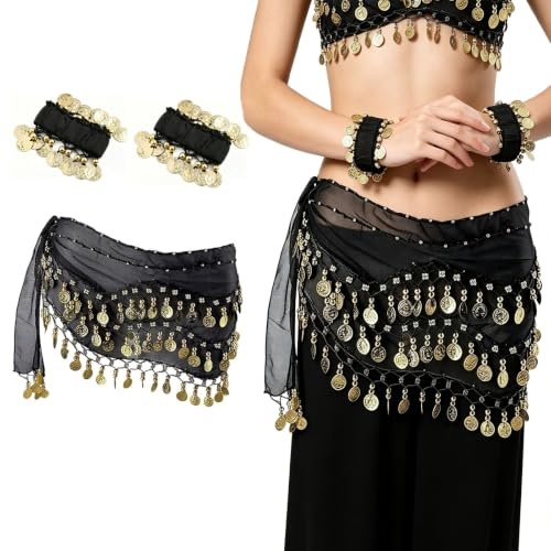 Belly Dance Hip Scarf with Bracelets - Chiffon Wrap for Performance & Yoga | Chiffon Belly Dance Hip Scarf with Gold Coins & Black Bracelets, 145x28cm, for Dance, Zumba, Yoga, Secure, Elegant & Durable.
