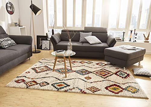 Mint Rugs Geometric Tapis de Salon à Poils Longs, Doux, Moelleux, à Poils Longs, flokati Boho, Design Ethnique, pour Chambre d'enfant, Chambre à Coucher, Cuisine, Couloir, crème, 120 x 170 cm
