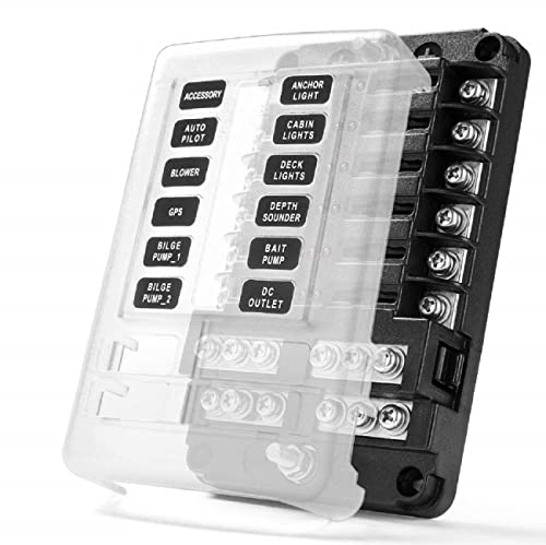 MICTUNING 12-Fach Sicherungshalter, kfz Sicherungskasten 12 Volt mit LED-Anzeige und Etiketten, Sicherungsdose Sicherungsverteiler für Boot Wohnmobil