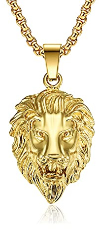 Collar con colgante de cabeza de león para hombre, de acero inoxidable, con cadena de eslabones de 60 cm, Acero inoxidable,