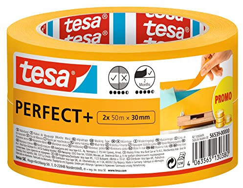 tesa Cinta de Pintar Perfect+ - Cinta de Carrocero de Papel tipo Washi Fino - Trabajos de Pintura y Enmascarado de Precisión - Uso en Interiores - 2x 50 m x 30 mm, Amarillo