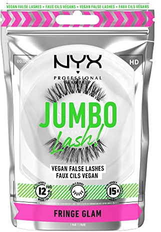 NYX Professional Makeup Ciglia Finte, Tenuta Fino a 12H, Banda Invisibile, Ri-Utilizzabili Fino a 15 Volte, Ciglia Vegane*, Jumbo Lash!, Fringe Glam