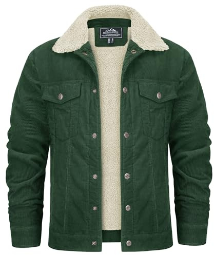 KEFITEVD Jackets for Men UK Sherpa Fleece Lined Trucker Coat Winter Warm Corduroy Jacket with 5 Pockets,Emerald Green,M