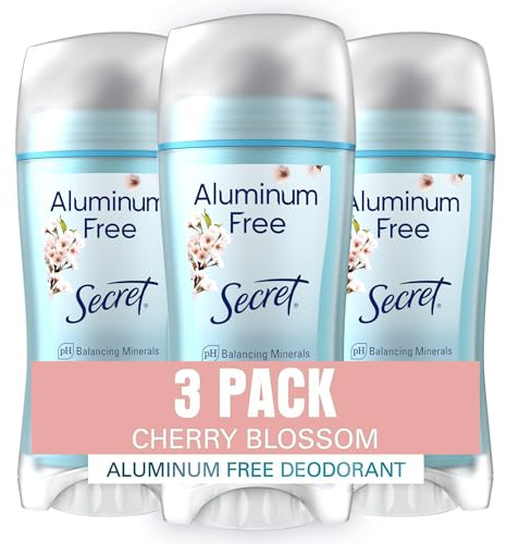 Secret Aluminum Free Deodorant for Women, 48hr Odor Protection, Free of Parabens Dyes Talc & Baking Soda, PH Balancing Minerals, Dry Solid, Cherry Blossom Scent, 2.4 oz (Pack Of 3)