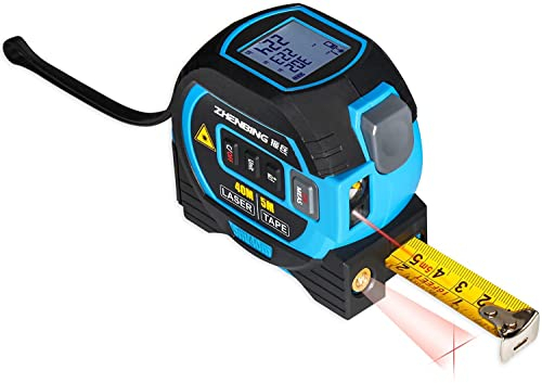 WINTAPE Laser-Bandmaß 3-in-1 mit großem LCD-Display | Digitales Laser-Messgerät in/ft/m Skalen bis zu 131ft/40M mit Berechnungen | Bandmaß 16ft/5M (in/ft/m) und Kreuzlinienlaser (blau)
