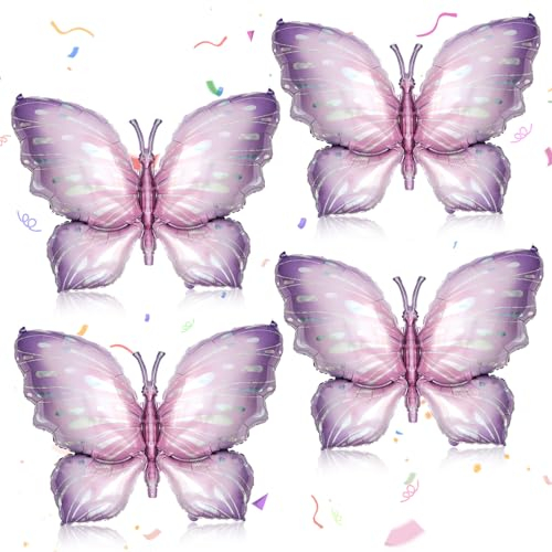 4 Stück Schmetterling luftballon, Lila Schmetterlinge Folienballon feen Geburtstag Deko für Mädchen Schmetterling Party, Kinder Geburtstag Deko, Hochzeit, Gartenparty(Lila)