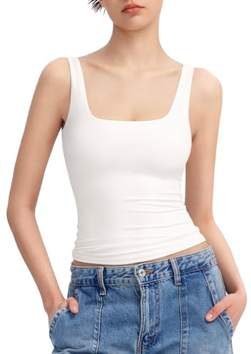 PUMIEY White Tank Tops for Women Square Neck Sleeveless Summer Tops, Splashed White Medium