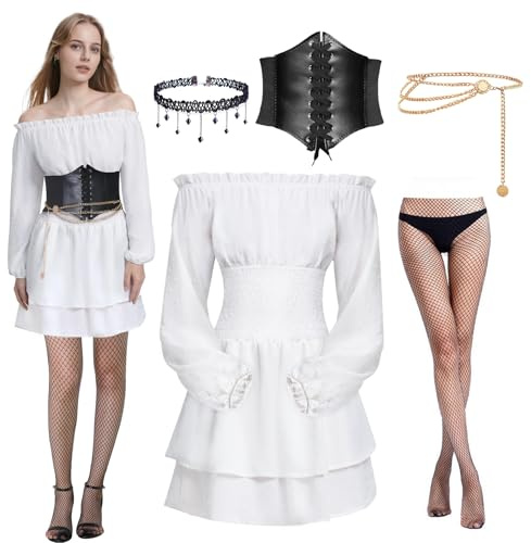 Joellfuner Robe Médiévale pour Femmes, Robe Blanche Pirate pour Femme, Épaules Dénudées Rétro Renaissance Deguisement avec Ceinture Corset, Chaîne de Taille et Bas de Soie