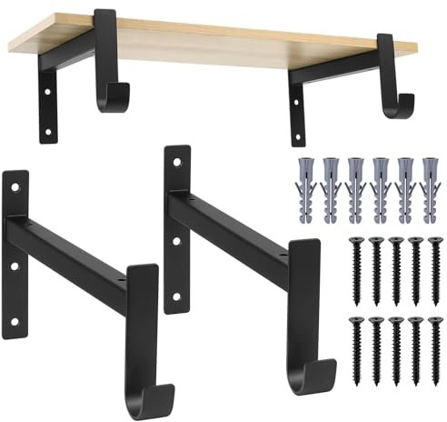 2 Pcs Soporte Estanteria Pared, Soportes para Estantes de Pared, Escuadras para Estanterias, Escuadras Metalicas Negros, Soportes Estantes de 90 Grados con Ganchos para Oficina Casa Estante(255mm)
