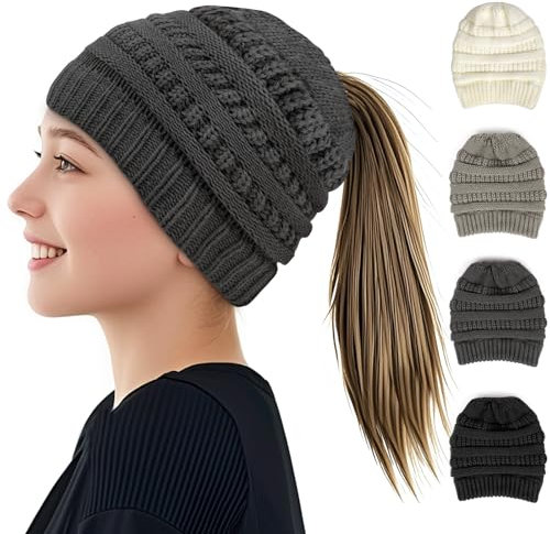 AUYAO Damen Mädchen Strickmütze mit Zopfloch für Pferdeschwanz Wintermütze Gestrickt Beanie Mütze Warme Hut mit Haaren Winter Kappe Beanie Ponytail Cap Damen Haube Mütze mit Loch für Zopf (Dunkelgrau)