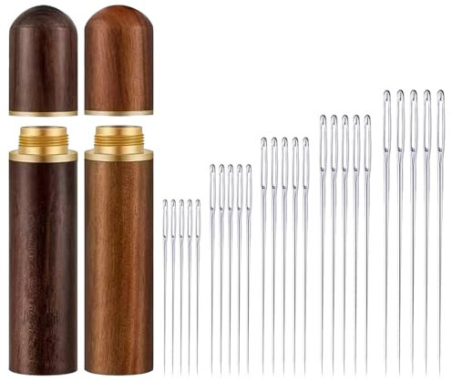50 Stück Nähnadeln Mit Großem Öhr, Sticknadeln Set 5 Größen Nähnadeln Mit Großem Öhr mit 2 Hölzernen Nadelhüllen, Stopfnadeln Mit Großem Öhr, Sticknadeln Spitz zum Nähen, Sticken, Handarbeiten