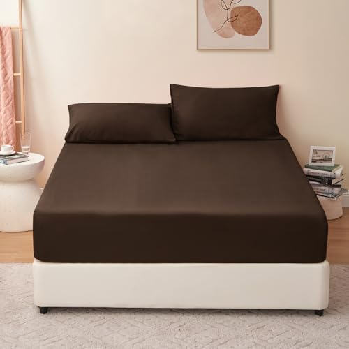 RUIKASI Sabanas Bajeras 160x200 Ajustables - Sábana Bajera 160x200cm Microfibra, Sabana Bajera Cama 160, Extra Suave y Transpirable, con Banda Elástica, Bed Sheet, Marrón Chocolate