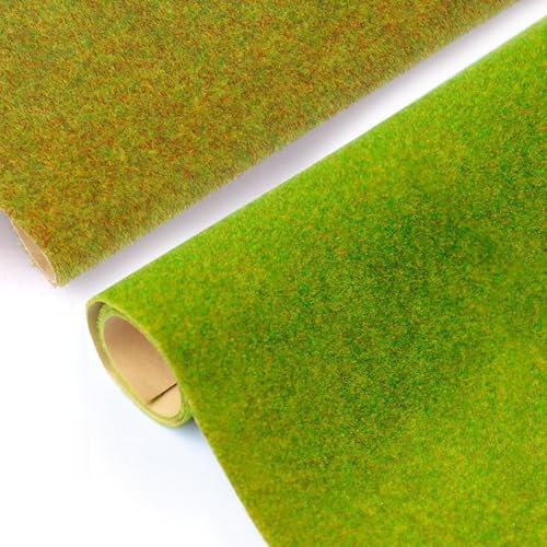 Jortmrd 2 Rouleaux 100 x 35 cm Tapis d'Herbe Pelouse Artificielle, Faux Gazon Modèle Ferroviaire, pour Accessoires de Modélisme, Aménagement Paysager (Vert Jaune + Vert Clair)