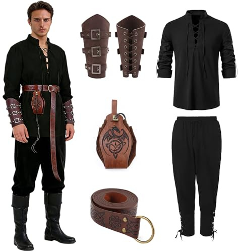 Jinfanshurich medeltida kostym män komplett set, renässans pirater viking outfit, piratkostym män, med skjorta, byxor, bälte, handledsskydd tillbehör för karneval cosplay festivaler