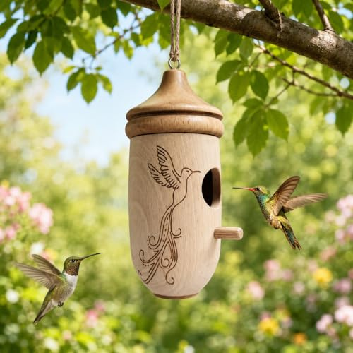 Casa de colibrí de madera – Casa de colibrí para colgar en el exterior, kit de nido de pájaros pequeños de madera natural para colgar en exteriores, caja de anidación de pájaros pequeños, regalos de