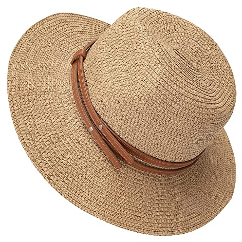 QH-Shop Chapeau de Paille Femme Pliable Chapeau de Soleil à Bord Large Protection UV Hat avec Bracelet en PU Cuir pour Voyage Plage Extérieur Pêche
