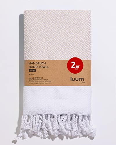 Luum® Lot de 2 serviettes de bain hammam - Lot de 2 serviettes de sport turques - 100 % coton filé à l'anneau - Séchage rapide - Non pelucheux - Beige - 45 x 95 cm