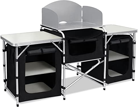 TRMLBE Campingküche Campingschrank Faltbar Reiseküche Zeltschrank mit Aluminiumgestell Staufächer Outdoor Küche Camping Zubehör inkl. Tragetasche - 174 x 46 x 110 cm
