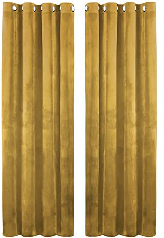 Hafaa Ochre Blackout Curtains for Bedroom – 46” wide x 54” drop Readymade Crushed Velvet Curtains for Living Room – Eyelet Room Darkening Curtains with 2 Tie Backs (116cm x 137cm)