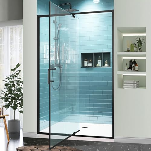 GroGro 44-48 W x 71 H Semi-Frameless Pivot Swing Glass Shower Door,with 1/4(6mm) Clear SGCC Tempered Glass,Matte Black Finish,Reversible Installation