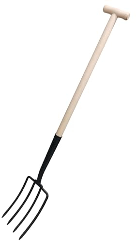 Land-Haus-Shop Grabegabel mit Schwanenhals Spatengabel Forke Stahl massiv schwarz 4 Zinken Holzstiel mit Fiberglas Ummantelung und D-Griff Garten Grabe Spaten Gabel Metall