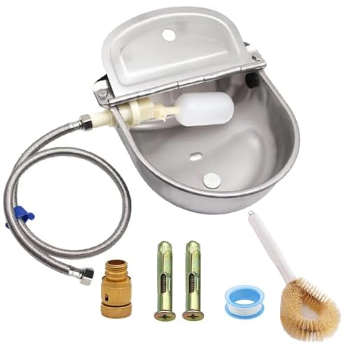 Automatic Livestock Water Bowl 304 Stainless Steel Float Valve Waterer with Float Valve and Drainage Hole, Leak-Proof Drinking Bowl with Full Installation Kit, Wall Mount Waterer for Dog, Horse, Goat