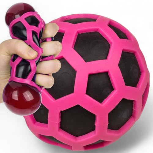 MIJOMA Rubbery Squeeze-boll – anti-stressboll i färgglatt gumminät, kul och avkoppling för stora och små, leksaker mot stress, Ø 8 cm (rosa utgåva)