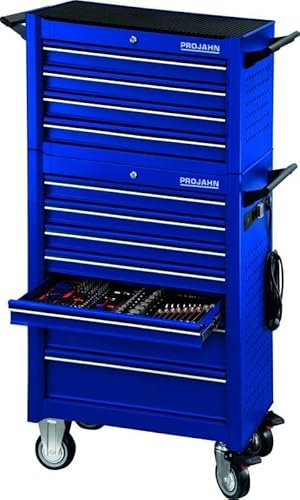 Projahn Werkstattwagen UNIVERSE mit 379-teiliger Bestückung, E-Power Elektroverteiler, Werkstattwagenaufsatz, Dosenhalten und Papierrollenhalter, Werkzeugwagen, 7 Schubladen, mit Rollen, Blau 6501-581