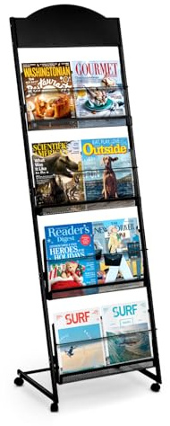 SUNDOY Magazine Rack | Floor Standing Literature Display Stand with 4 Pockets | Sleek Black Design for Home, Exhibition & Office Use (With 4 Wheels)