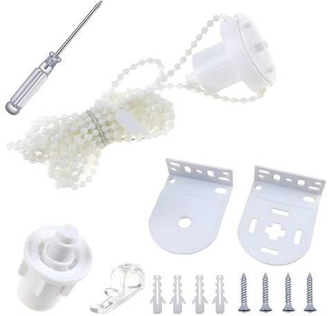 Roller Blind Fittings, 32mm White Roller Blind Spares Kit, Metal Roller Blinds Mounting Brackets with Bead Chain, Curtain Roller Blinds Replacement Accessories for Fixing Curtain Shades Window Rods