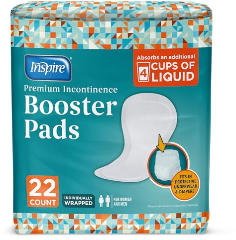 Inspire Ultra Absorbency Incontinence Booster Pads | Absorbs Over 4 Cups! | for Women or Men, Adhesive Strip Use in Incontinence Underwear and Diapers Leak-Free (22 Count)