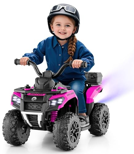 COSTWAY 6V Kids Electric Ride on ATV Car, Battery Powered Quad Bike with Horn, Music, Spray Function, LED Lights, Storage Basket, for 18 Months+ Old Boys Girls (Pink)