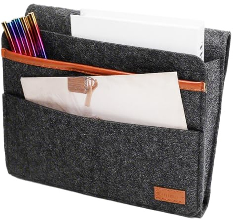 Organizador de cama gris oscuro, bolsa para guardar, 28 x 22 x 8 cm, marco de fieltro, bolsa organizadora, dormitorio, sofá, mesita