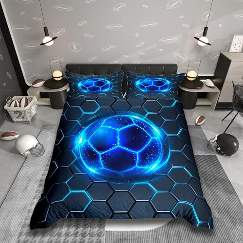 Homemissing Blauer Neon Fußball Bettwäsche Set 135x200cm für Jungen Jugendliche Mädchen Geometrische Honeycomb Bettbezug Fußball Spiele Betten Sechseckig Schlafzimmer Dekor