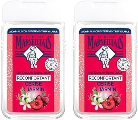 Le Petit Marseillais | Gel Douche Extra Doux Réconfortant Cerise & Jasmin (flacon de 250 ml) – 92% d'ingrédients d'origine naturelle – pH neutre pour la peau et sans colorant (Lot de 2)