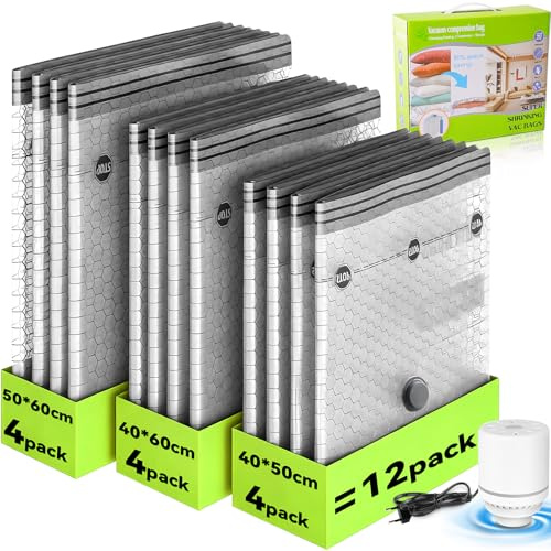 XUNIVERS Sacchetti Sottovuoto Vestiti con Pompa Elettrica,Confezione da 12 (4 grandi,4 medi,4 piccoli),Buste Sottovuoto Vestiti per Coperte,Sottovuoto da Viaggio,Piumino,Cuscini,Trapunte,Traslochi