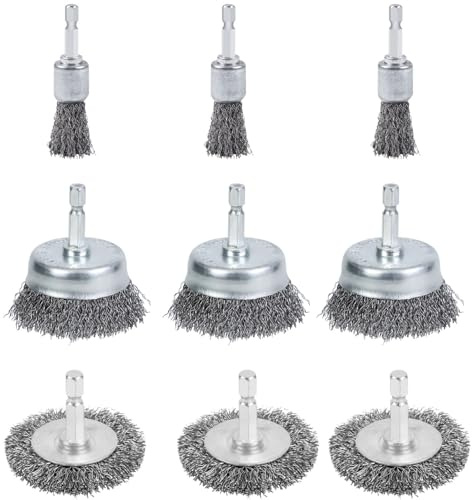 9-Piece Wire Brush Drill Set, 1/4” Hex Shank, High-Carbon Steel Pen/Wheel/Cup Brushes for Rust & Paint Prep on Metal/Wood, DIY & Trade