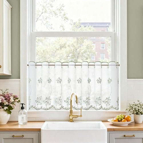 TOPICK Green Embroidered Floral Kitchen Curtain Valanece 18 Inch Drop, Eyelet Botanical Cafe Curtain Pelmet, Short Half Window Tier for Bedroom, Bathroom, Cupboard Base, Sink, W57 x L18 Inch, 1 Panel
