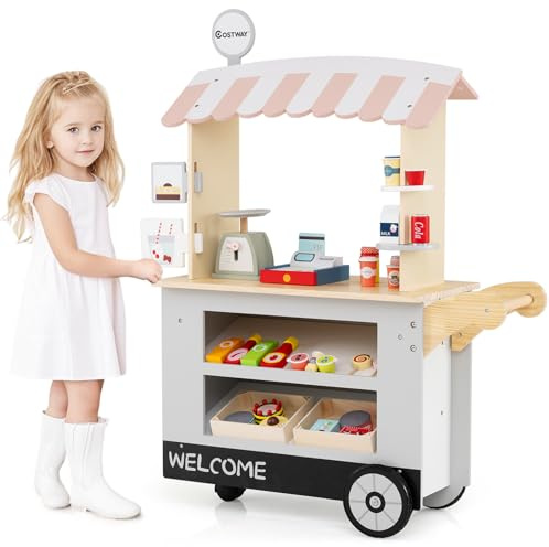 COSTWAY Kids Food Cart, Wooden Grocery Store Playset with POS Machine, Lovely Scale, Beverage Rack & Wheels, Role Play Shop Trolley for Kids Over 3 Years Old (Gray)