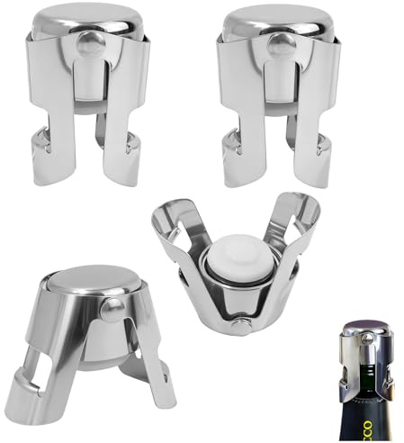 4PCS Champagne Stoppers, Stainless Steel Wine Bottle Stopper with Locking Seal, Leak Proof Sparkling Wine Preserver Cap, Reusable Bottle Stopper for Champagne, Wine Bottles and Prosecco Stopper