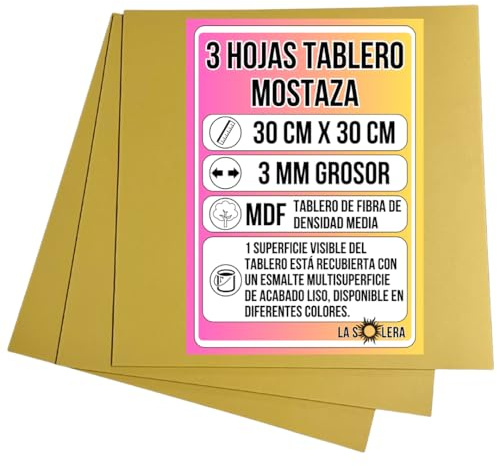 LA SOLERA Pack 3 Hojas Tablero MDF AMARILLO MOSTAZA | 300 x 300 x 3 mm | Tablero de Fibra de Densidad Media | Manualidades | Pirograbado | Corte Laser | Modelado | Tabla Madera | Corte Limpio Sierra
