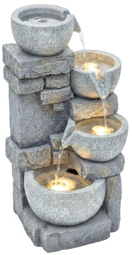 Outsunny Fontaine de Jardin Cascade 4 Niveaux Extérieure LED 54,5 cm Gris | Décoration Effet Pierre et Brique, Pompe à Eau Réglable, Terrasse, Balcon et Salon