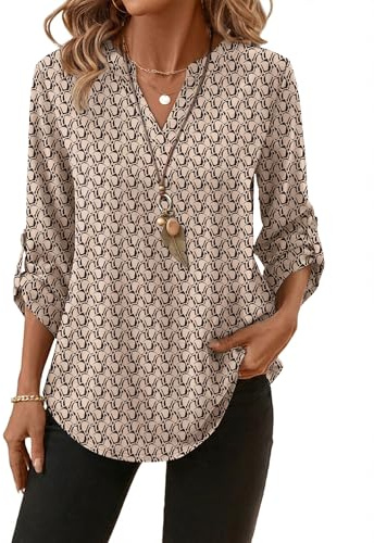XIEERDUO Women Tops 3/4 Sleeve Tops for Women UK Summer Ladies Blouses V Neck Roll Up Sleeve T Shirts with Button Beige Print Size 18-20