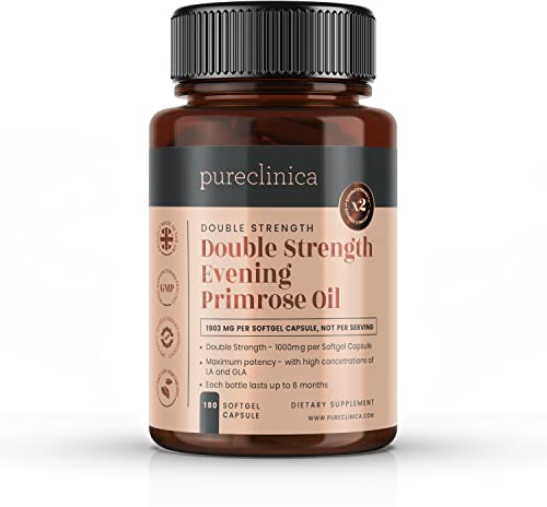 Pureclinica Höchste Stärke Nachtkerzenöl (6 monate zubehör - 180 Kapseln) - 1000 mg von 80% Linolsäure Säure. The höchste konzentration von Linolsäure & Gamma Linolsäure von jeder EPO