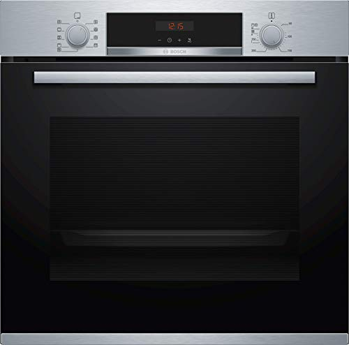 Bosch HBA573BS1 Serie 4 Einbau-Backofen, 60 x 60 cm, Pyrolyse Selbstreinigung, AutoPilot 10 10 Automatikprogramme, 3D Heißluft Backen auf 3 Ebenen, LED-Display, Versenkknebel, Kindersicherung