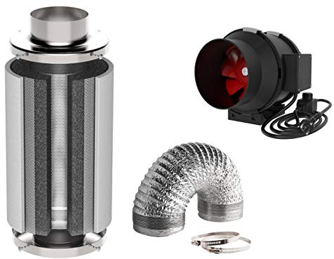 Klima Set mit Lüfter: 440 m³/h (regelbar) + Aktivkohlefilter 590 m³/h + 10 m Schlauch (590m³/h) Growbox Abluft